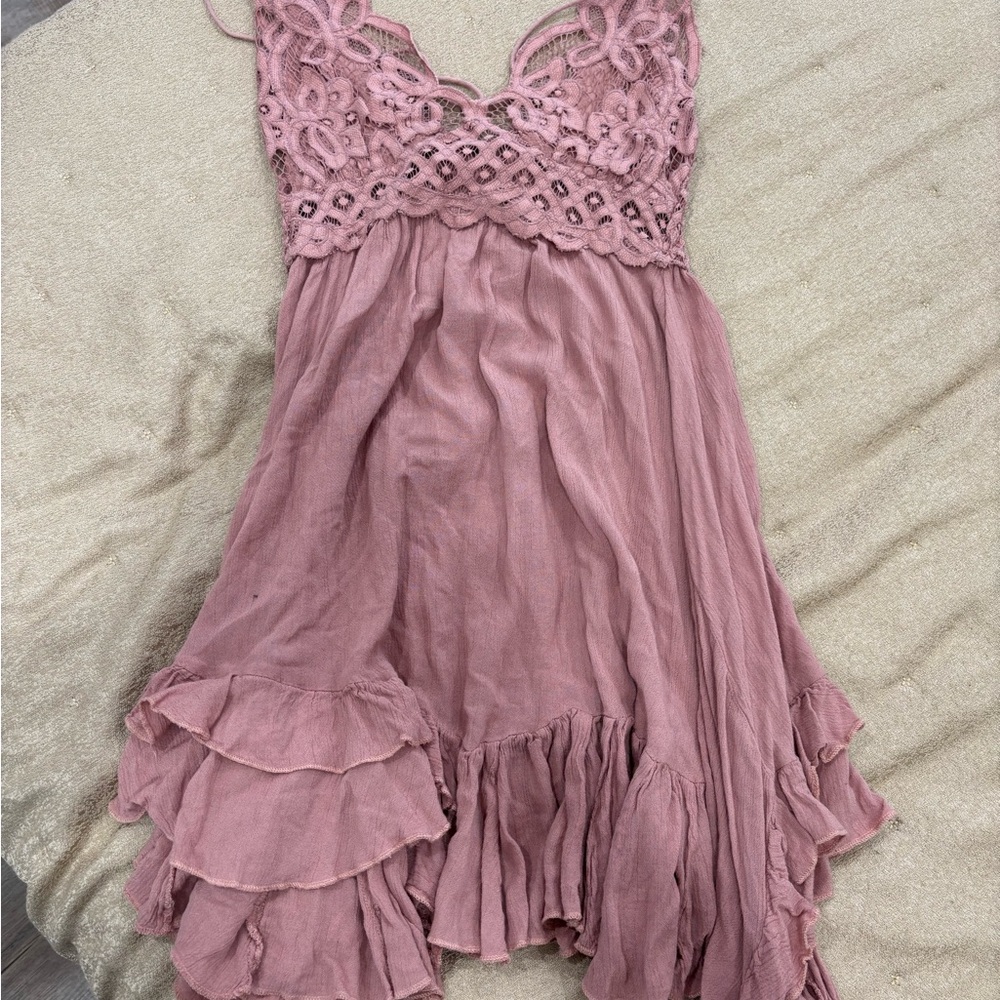 Free People Mauve Pink Crochet Babydoll Mini Dress